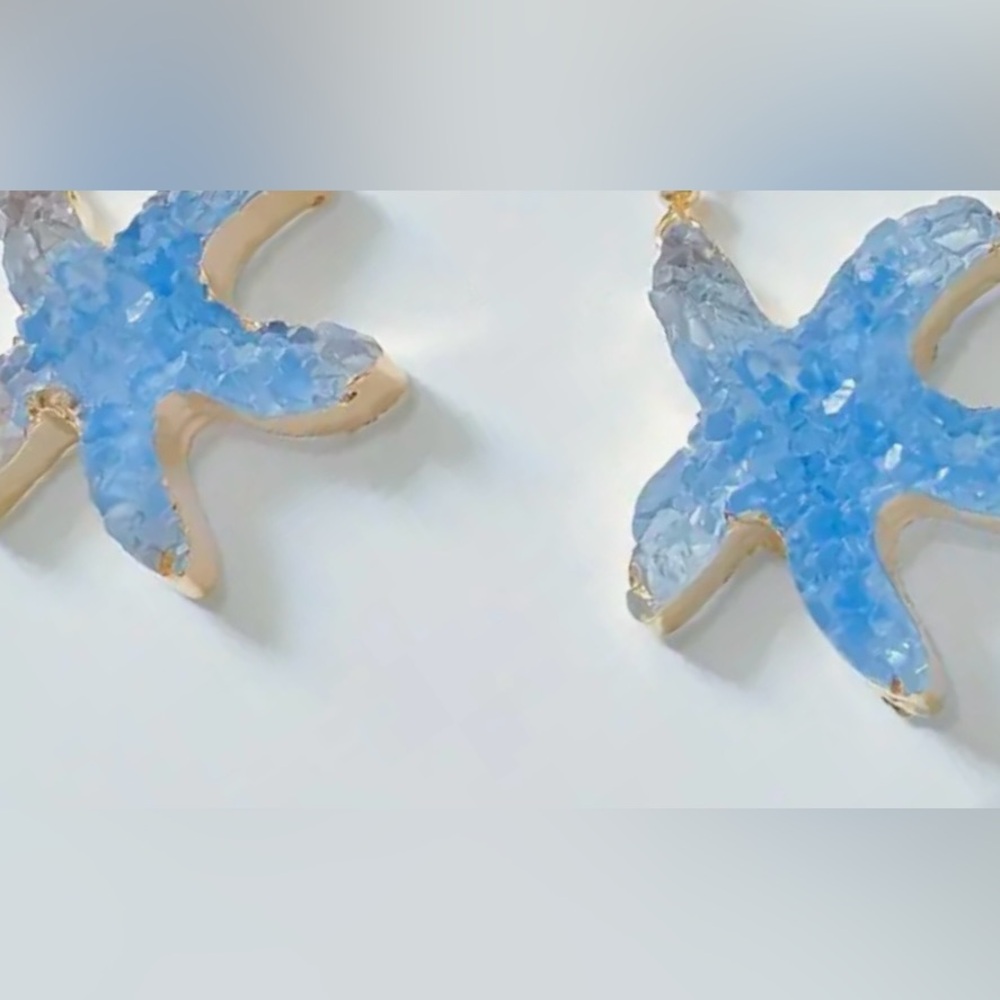 “Blue Druzy Starfish” Gold Dipped Geode Ocean Sea Marine Tropical Steel Earrings - Picture 6 of 11